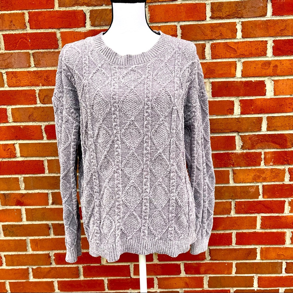 Macaron Chenille Soft Long Sleeve Cable Knit Grey Sweater Womens Small